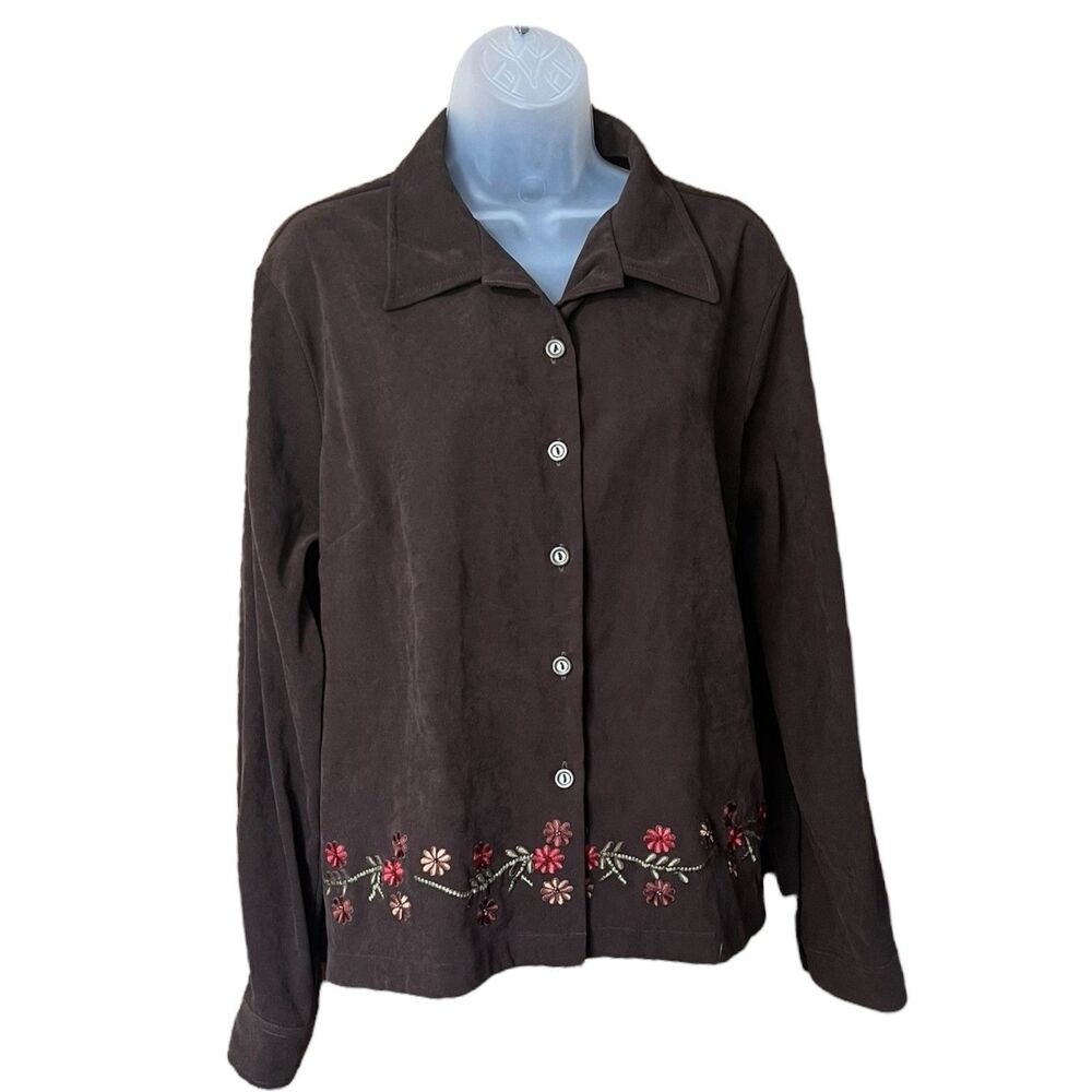 90s Vtg Brown Suede Feel Button Down Shirt Floral Embroidery Sz L Granny Cottage